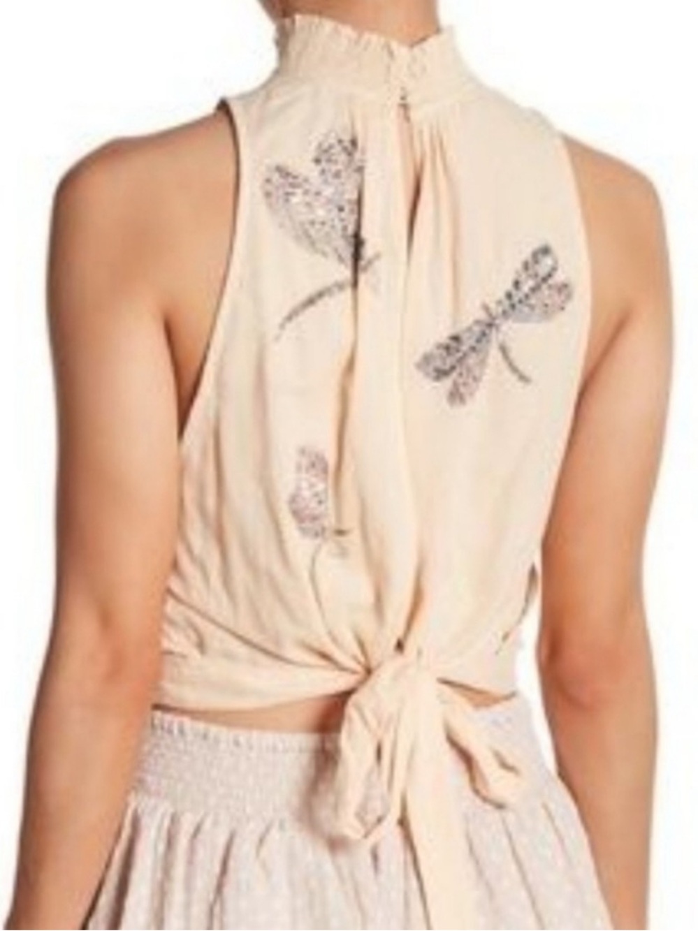 Free People "The Garden" top smocked mock neck sequin dragonfly embroidery S - Picture 2 of 10